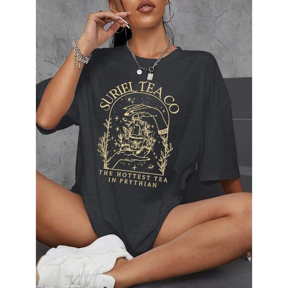 🆕 Women Grey Acotar Velaris Casual Print Top Graphic Suriel Tea Bookish Tshirt - Picture 2 of 6